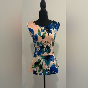 ECI NEW YORK Peplum Floral Sleeveless Top - Blue and Peach - Size Large